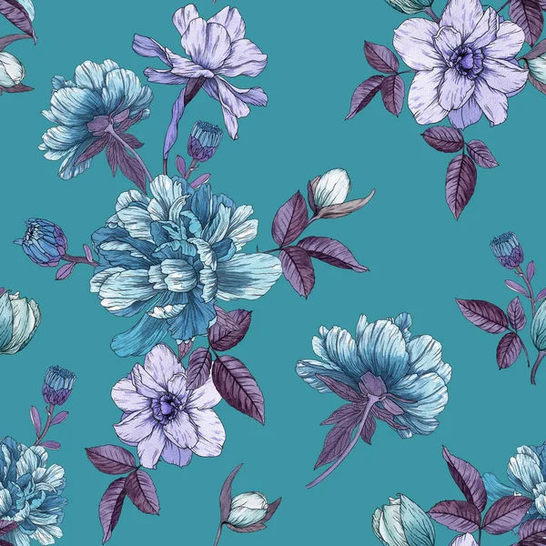 Floral seamless pattern with watercolor peonies, narcissus and chrysanthemums — Stock Photo, Image