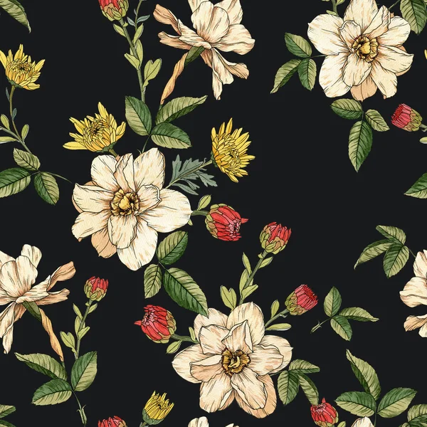 Suluboya narcissus ve krizantem ile çiçek dikişsiz desen