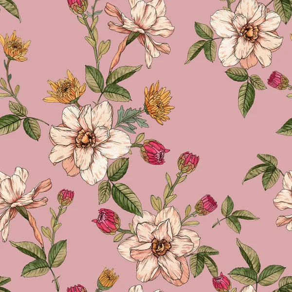 Květinové bezešvé vzory s akvarel narcisissus a chryzantémy — Stock fotografie