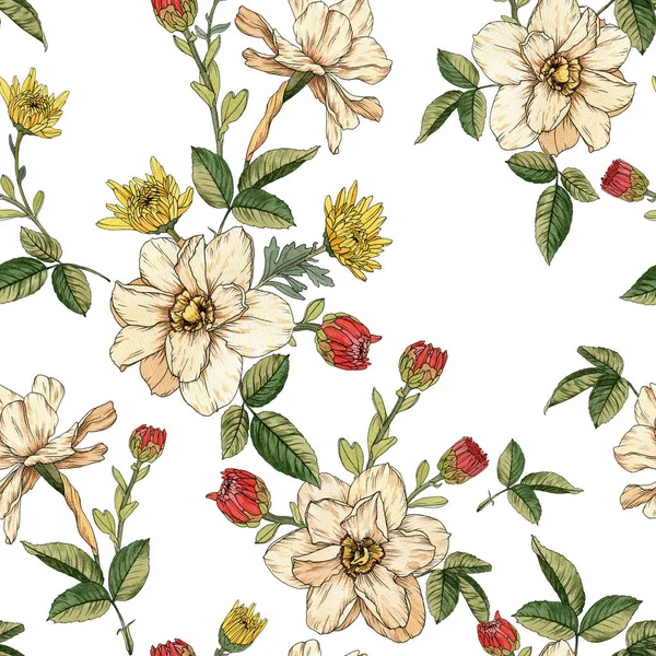 수채화 수선화와 국화를 가진 꽃 무결점 패턴 — 스톡 사진