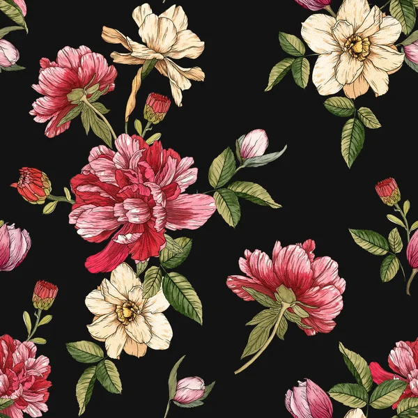 Suluboya peonies, Narcissus ve krizsanthemums ile Floral Dikişsiz desen