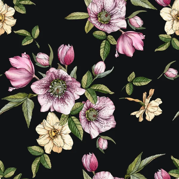 Suluboya Narcissus ve hellebore ile çiçek Dikişsiz desen