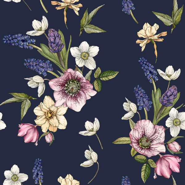 Suluboya narcissus, muscari ve hellebore ile Çiçek dikişsiz desen.