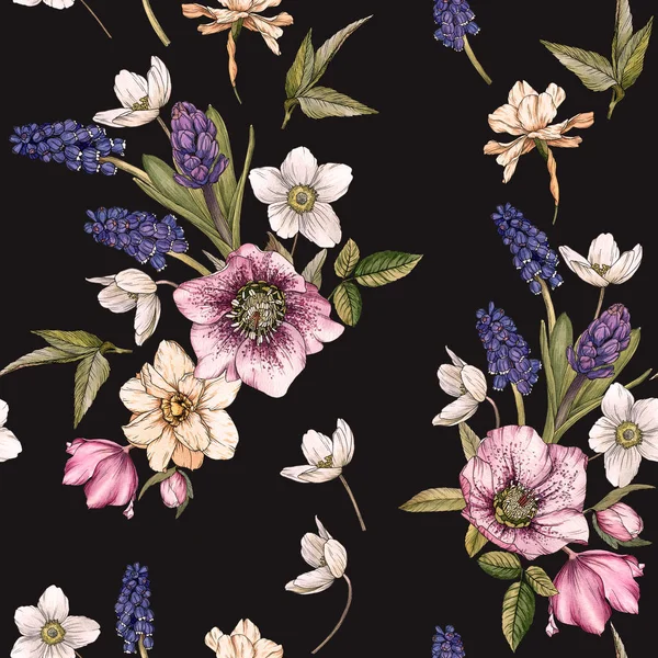 Suluboya narcissus, muscari ve hellebore ile Çiçek dikişsiz desen.