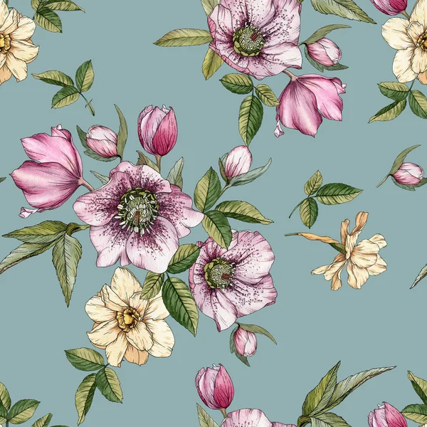 Floral seamless pattern with watercolor narcissus and hellebore — Stock Photo, Image