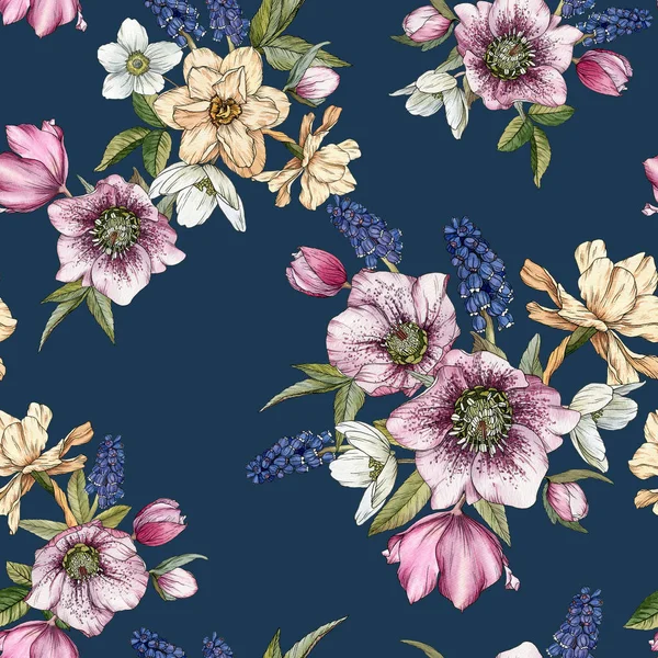 Suluboya narcissus, muscari ve hellebore ile Çiçek dikişsiz desen. Bahar çiçekleri ile arka plan