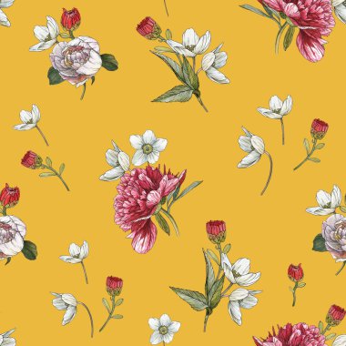 Suluboya şakayık ve anemon ile Floral Dikişsiz desen