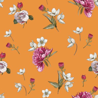 Suluboya şakayık ve anemon ile Floral Dikişsiz desen