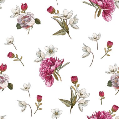 Suluboya şakayık ve anemon ile Floral Dikişsiz desen