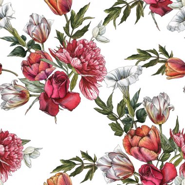 Suluboya güller, şakayık ve lale ile Floral Dikişsiz desen