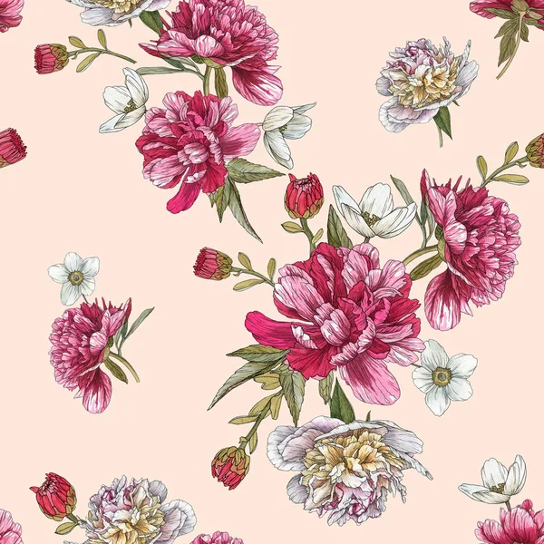 Floral seamless pattern with watercolor peonies and anemones — Stock Photo, Image