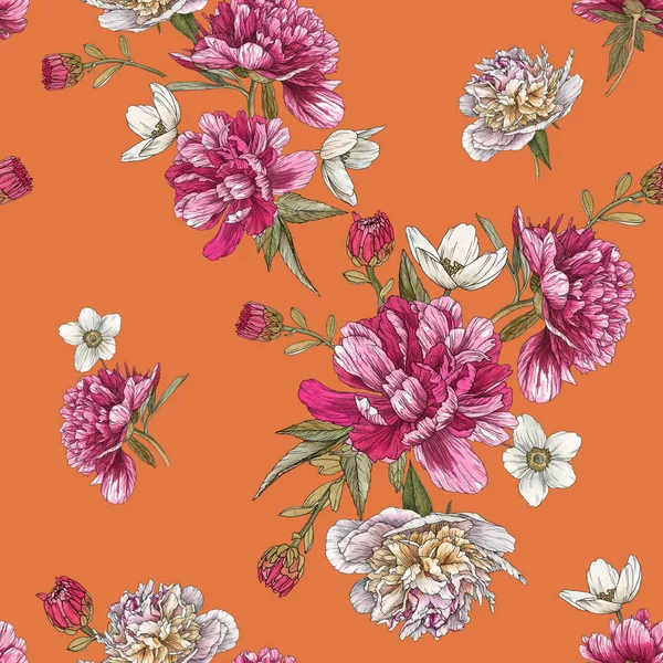 Floral seamless pattern with watercolor peonies and anemones — Stock Photo, Image