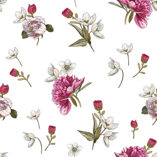 水彩のピオニーとアネモネの花のシームレスなパターン — ストック写真
