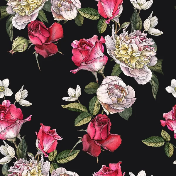 Floral seamless pattern with watercolor roses and peonies — Stock Photo, Image