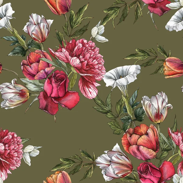 Floral seamless pattern with watercolor roses, peonies and tulips — Stock Photo, Image