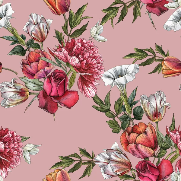 Цветочный бесшовный узор с акварельными розами, пионами и тюльпанами — стоковое фото