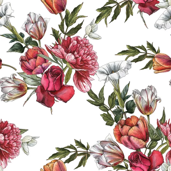 Floral seamless pattern with watercolor roses, peonies and tulips — Stock Photo, Image