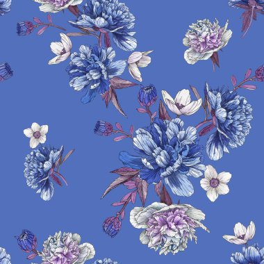 Suluboya şakayık ve anemon ile Floral Dikişsiz desen