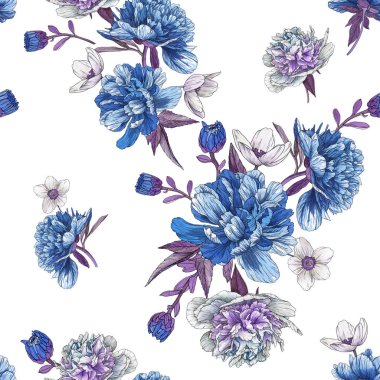 Suluboya şakayık ve anemon ile Floral Dikişsiz desen
