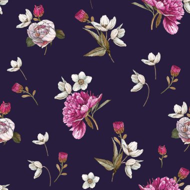 Suluboya şakayık ve anemon ile Floral Dikişsiz desen