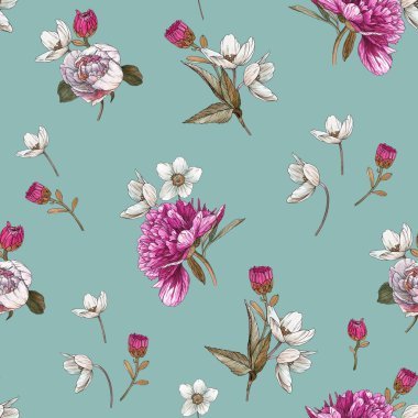 Suluboya şakayık ve anemon ile Floral Dikişsiz desen