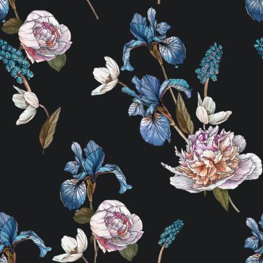 Suluboya Anemones, mavi Irises ve beyaz şakayık ile Floral Dikişsiz desen
