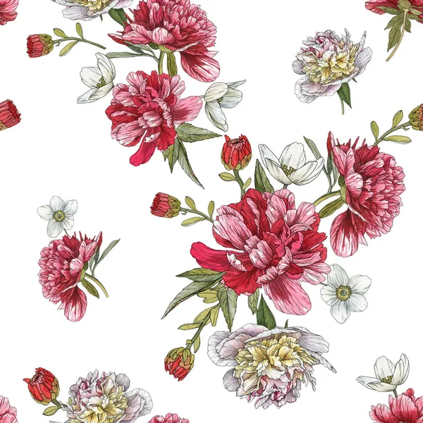 Patrón sin costura floral con peonías acuarela y anémonas —  Fotos de Stock