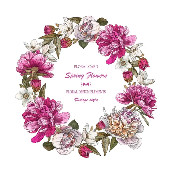 Biglietto di auguri floreale vintage con cornice di peonie acquerellate. Ghirlanda di fiori — Foto Stock