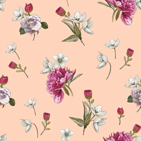 Floral seamless pattern with watercolor peonies and anemones — Stock Photo, Image