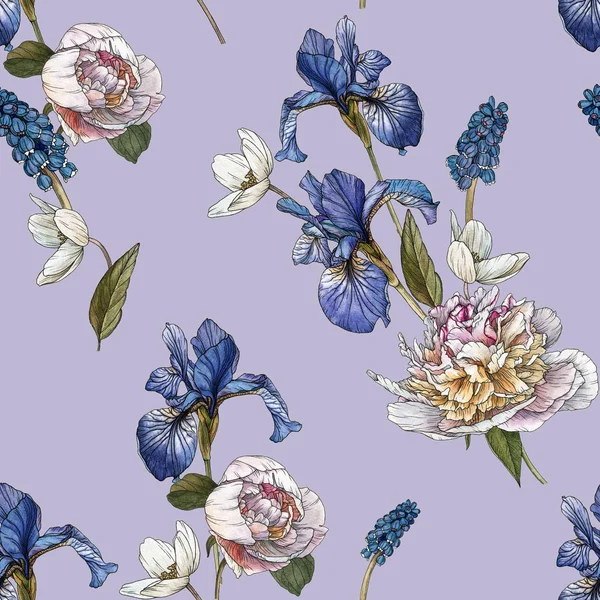 Floral seamless pattern with watercolor anemones, blue irises and white peonies — Stock Photo, Image