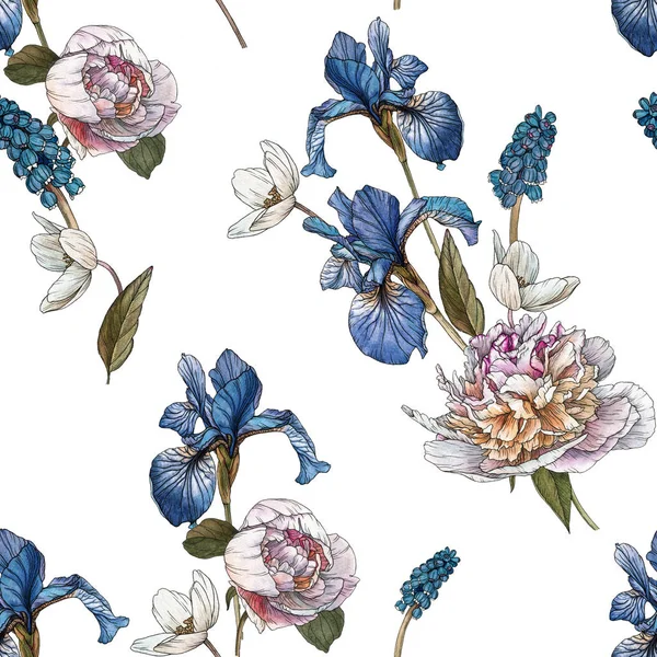 Naadloze bloemen patroon met aquarel anemonen, blauwe irissen en witte pioenrozen — Stockfoto