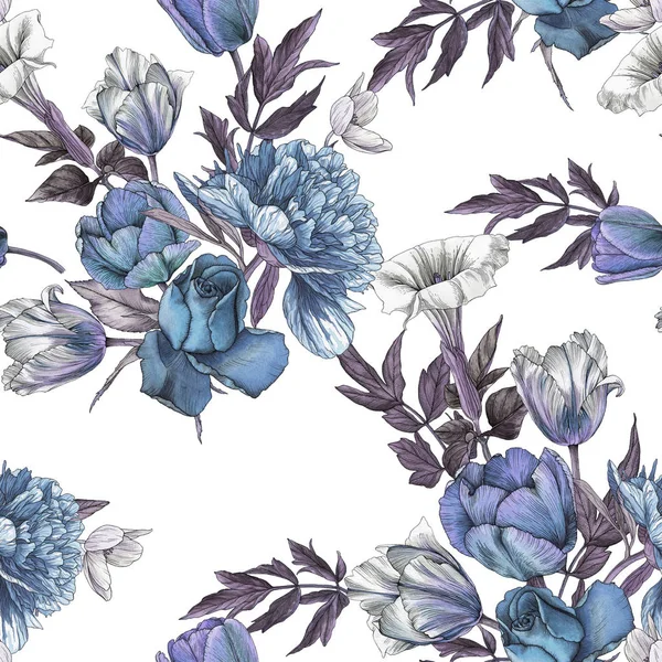 수채화 장미, 모란, 튤립이 있는 꽃무늬 무음 패턴 — 스톡 사진