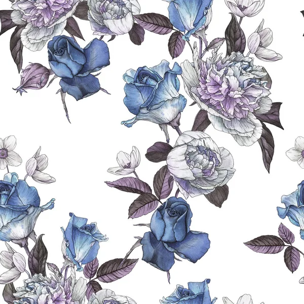 Floral seamless pattern with watercolor roses and peonies — Stock Photo, Image