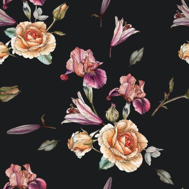 Çiçeksiz desenli suluboya turuncu güller, zambaklar ve süsen çiçekleri