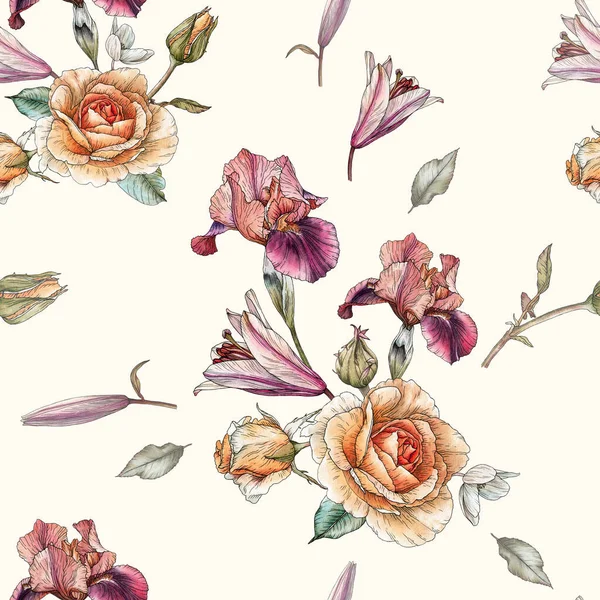 Floral Seamless Pattern Watercolor Orange Roses Lilies Irises — Stock Photo, Image
