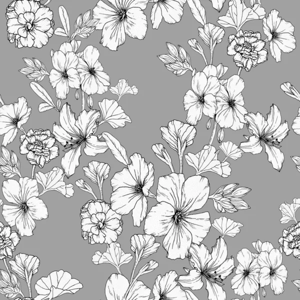 Monochromes Florales Nahtloses Muster Mit Petunien Und Anderen Blumen Auf — Stockfoto