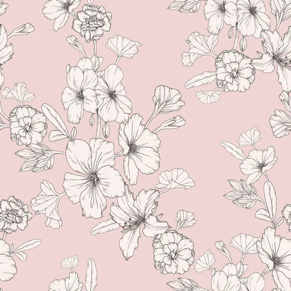 Floral Seamless Pattern White Petunias Other Flowers Pastel Pink Background — Stock Photo, Image