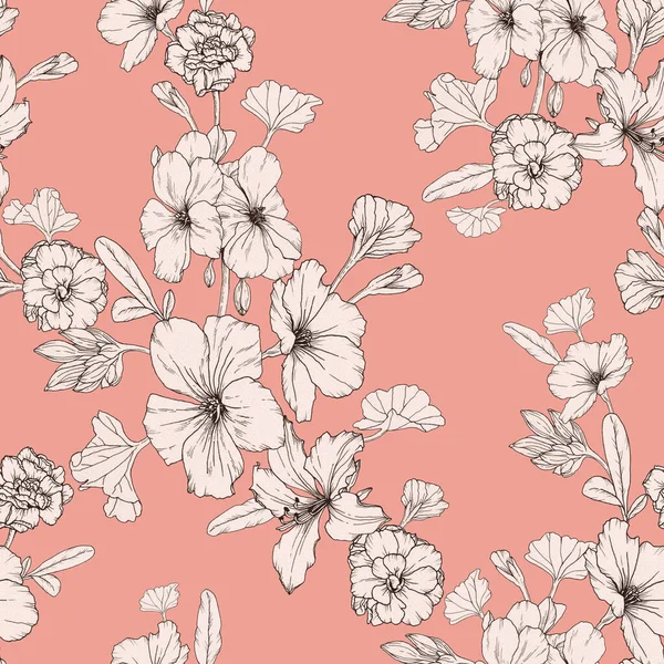 Квітковий Безшовний Візерунок Білими Петуніями Іншими Квітами Рожевому Фоні — стокове фото
