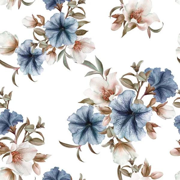 蓝色花瓣和白色螺旋孔的花纹无缝图案 — 图库照片
