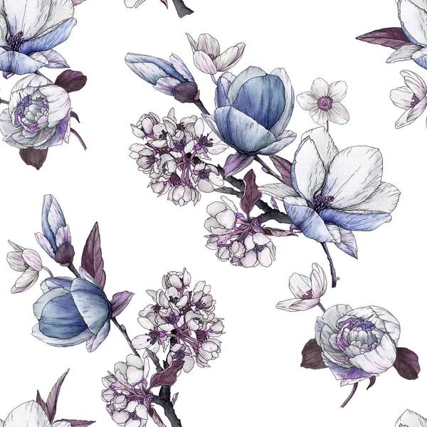 Floral Seamless Pattern Watercolor Magnolia Cherry Blossom Peonies — Stock Photo, Image