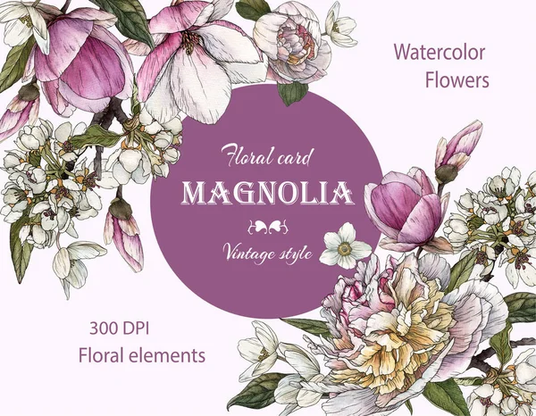 Florale Grußkarte Mit Bouquet Aus Aquarell Magnolie Pfingstrosen Und Apfelblüte — Stockfoto