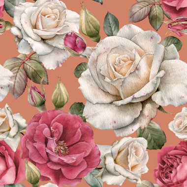 Çiçeksiz desenli suluboya beyaz ve pembe güller