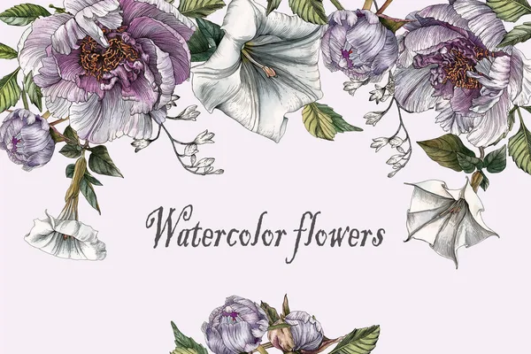 紫色の牡丹とデータの花と花のグリーティングカード — ストック写真