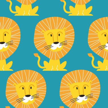 Vektör seamless modeli ile mavi arka plan üzerinde izole aslanlar. 