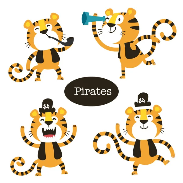 Conjunto Vetorial Animais Cartoon Tiger Pirate Perfect Para Papel Parede —  Vetores de Stock