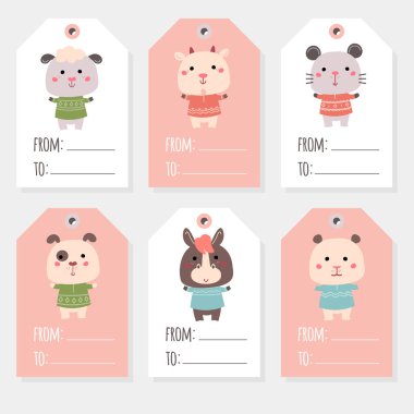 Büyük vektör kümesi Noel etiketleri çizgi film karakterleri koyun, hamster, köpek, fare, at, keçi ile tatil.