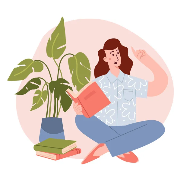 Meisje dat een boek leest en rust concept. Vrouwelijk Dagelijks leven en dagelijkse routine scène door jonge vrouw thuis — Stockvector