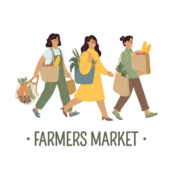 Mujeres sosteniendo bolsas de algodón y cuerdas reutilizables con verduras de los agricultores. Plantilla de banner vectorial para un estilo de vida ecológico, ecológico, alimentación saludable, verduras de los agricultores, apoyo empresarial local — Vector de stock