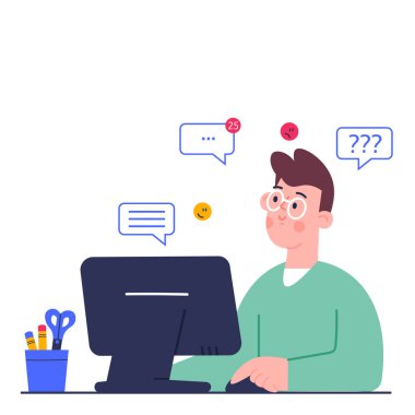 Çevrimiçi eğitim kavramı. Evdeki online dersi sırasında ödev okuyan tatlı bir çocuk, karantina sırasında sosyal mesafe, kendini izole etme, evde eğitim gören biri.