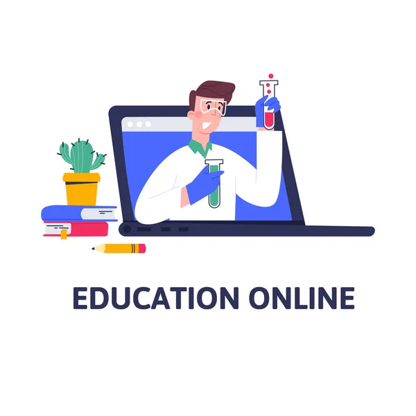 Kimya dersi, video dersi, çevrimiçi eğitim, uzaktan eğitim, web semineri, internet sınıfı, kadın akıl hocasıyla kişisel öğretmenlik hizmeti. — Stok Vektör